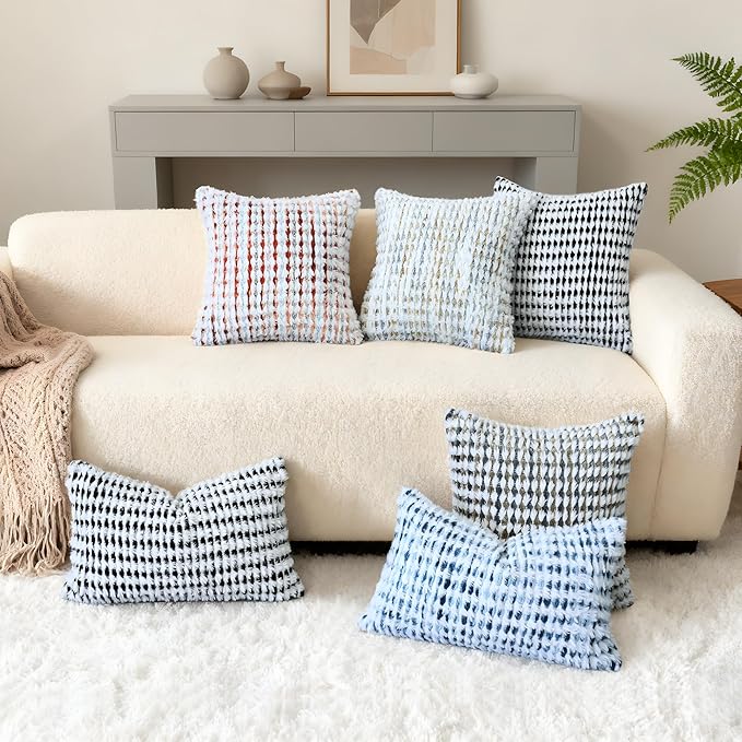 Boho Chenille Tufted Pillow Cover 18x18 Inch Set of 1, Farmhouse Striped Decorative Pillow Covers Accent Fluffy Neutral Square Pillowcases for Couch Sofa Bedroom Living Room, Brown Gray