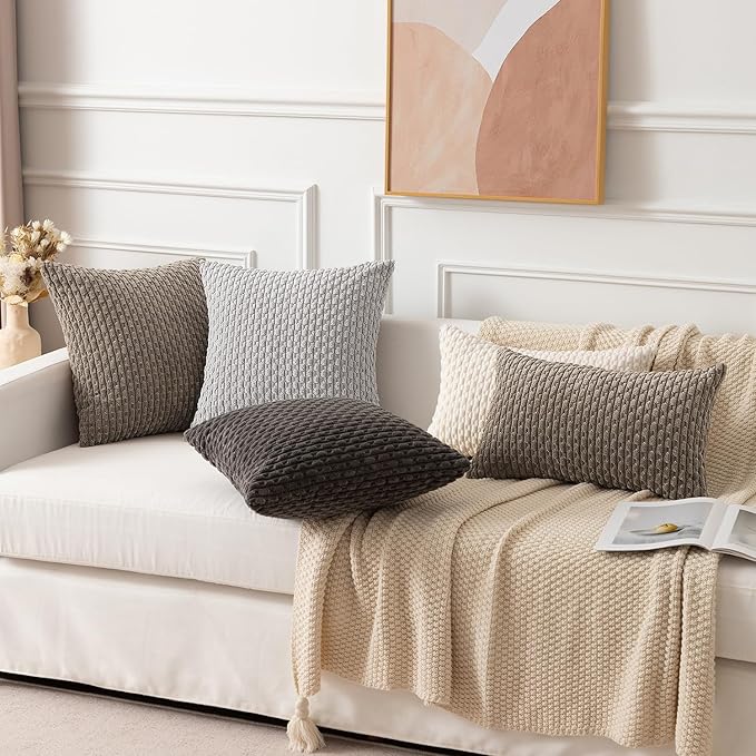 Kevin Textile Set of 2 Decorative Pillows Covers for Couch Striped Boho Velvet Sofa Pillow Covers 40x40cm 16 x 16 Inch Light Grey