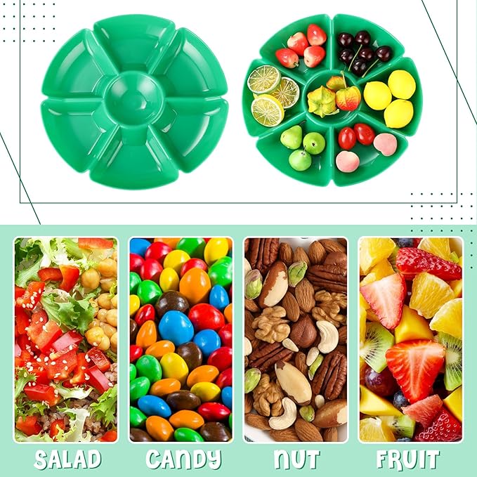 Zhehao 6 Pcs Plastic Divided Serving Trays with 60 Pcs Disposable Fork, 7 Compartments Round Chip Dip Plate, Petal Shape Platter, 10.6'' Snacks Serving Dish for Party Candy Nuts Fruits (Warm Color)