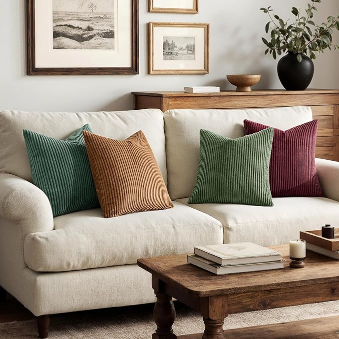 MIULEE Boho Farmhouse Christmas Green Throw Pillow Covers 18x18 Inch Set of 4 Mordern Nordic Cushion Covers Soft Corduroy Home Decor for Couch Bed Sofa Living Room