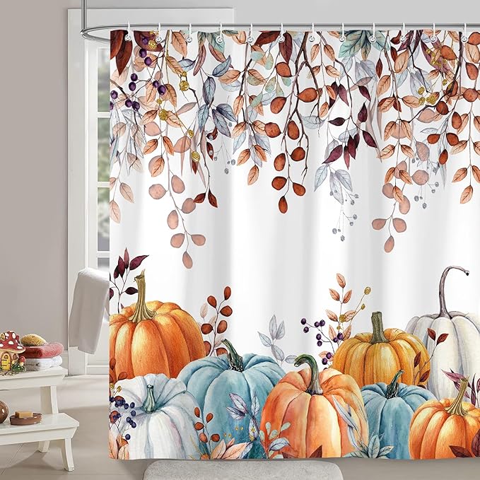 Fall Shower Curtains for Bathroom, Thanksgiving Pumpkins Autumn Eucalyptus Leaves Shower Curtain Set with Hooks, Blue Orange Waterproof Fabric Fall Bathroom Decor Accessories, 60 x 72 Inch