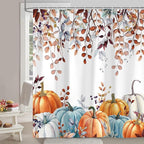 Fall Shower Curtains for Bathroom, Thanksgiving Pumpkins Autumn Eucalyptus Leaves Shower Curtain Set with Hooks, Blue Orange Waterproof Fabric Fall Bathroom Decor Accessories, 60 x 72 Inch