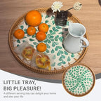 11.8 inch Round Rattan Serving Tray with Mother of Pearl Inlay Wicker Platter Coffee Tray for Coffee Table Decor Coastal Boho Kitchen Storage Display Decorative Basket Food Tray Handmade Wall Decor