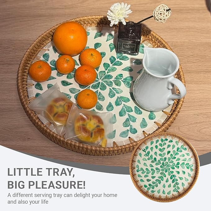 11.8 inch Round Rattan Serving Tray with Mother of Pearl Inlay Wicker Platter Coffee Tray for Coffee Table Decor Coastal Boho Kitchen Storage Display Decorative Basket Food Tray Handmade Wall Decor