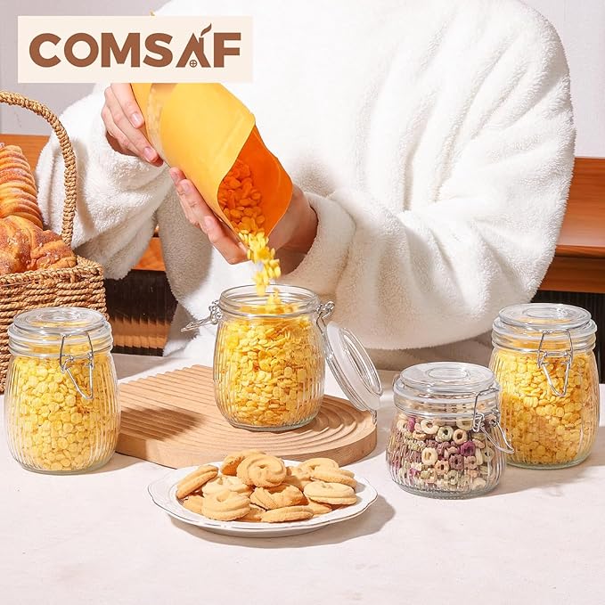 ComSaf Airtight Glass jar with lid 25oz Set of 6, Glass Storage Containers with Lids, Glass Canister, Mason Jars, Striped Clip Fastening Jar for Kitchen Canning, Oat, Coffee, Pasta, Snack, Nut, Candy