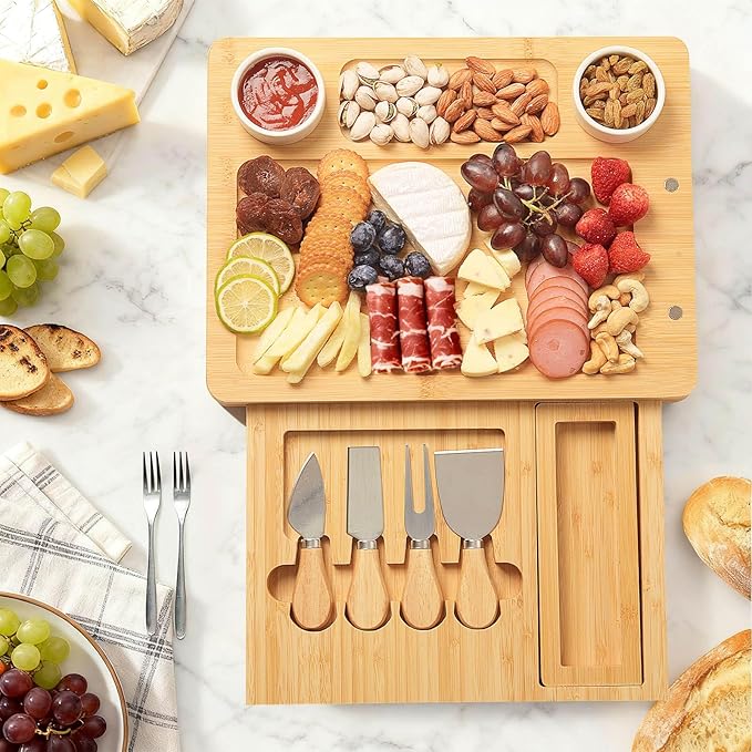 Bamboo Cheese Board Set - Charcuterie Boards and Serving Meat Platter, Cheese Tray with 4 Stainless Steel, 1 Drawers, Cheese Knives Cutting Board Platter, Ideal for Halloween, Wedding