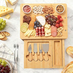 Bamboo Cheese Board Set - Charcuterie Boards and Serving Meat Platter, Cheese Tray with 4 Stainless Steel, 1 Drawers, Cheese Knives Cutting Board Platter, Ideal for Halloween, Wedding
