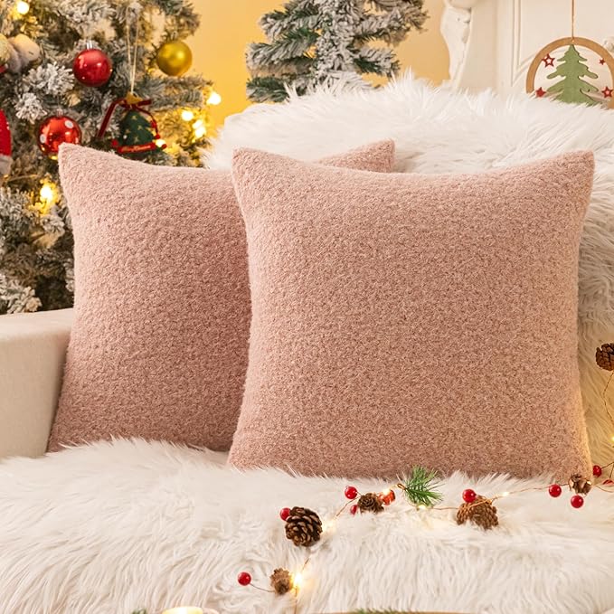 AQOTHES Pink Winter Throw Pillow Covers 18x18 Inch Set of 2, Boucle Faux Fur Pillow Covers,Cozy Fluffy Home Living Room Farmhouse Decor for Sofa Couch Bed
