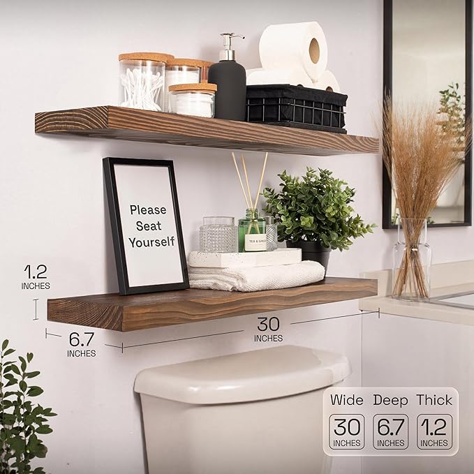 BAOBAB WORKSHOP Wood Floating Shelves for Wall 30 Inches Long, Solid Wooden Bathroom Shelf Large, Heavy Duty Wall Shelf 30 Inch Kitchen Bedroom Rustic Farmhouse, Walnut Shelves, 30W × 6.7D, Set of 2