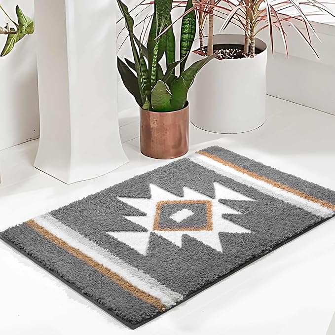 Bathroom Rugs Grey Boho Bath Mat, Non Slip Absorbent Aztec Bath Rug Soft Washable Floor Mat for Bathroom Shower Tub Modern Decor, 18x24