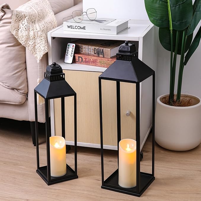 23" 19" Large Lanterns Decorative Outdoor Indoor, Set of 2 Modern Farmhouse Black Floor Lantern with Candles, Halloween, Christmas Lanterns for Fireplace, Mantle, Porch, Patio, Home Decor