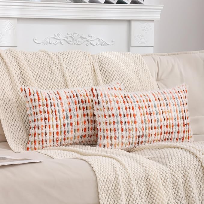 LUOYEHK Boho Throw Pillow Covers 12x20 Inch Set of 2 Chenille Tufted Pillowcase Farmhouse Neutral Cushion Covers for Couch Sofa Bed Living Room, Orange Red