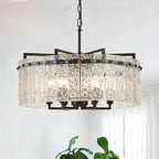 Black Crystal Chandeliers for Dining Room 6-Light, 22” Modern Water Ripple Glass Light Fixture, Farmhouse Round Lighting for Kitchen Island, Bar Table