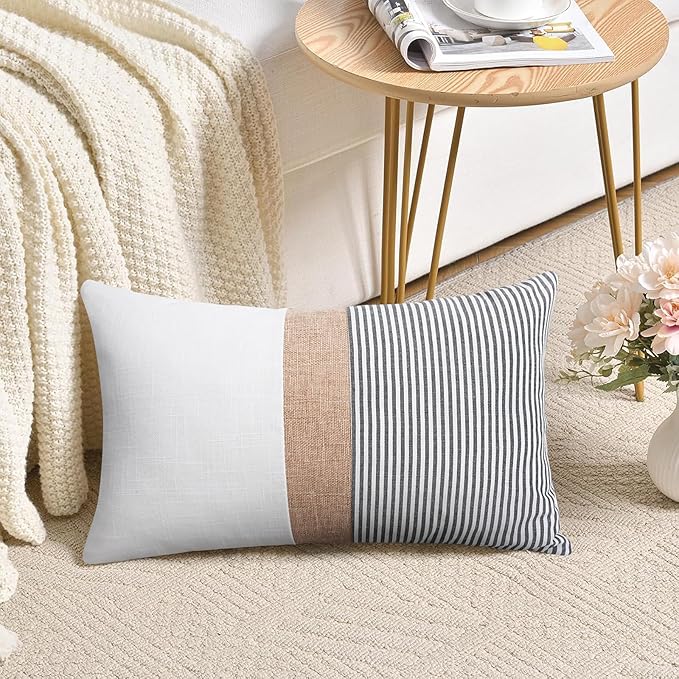 Adabana Stripe Pillow Covers 12x20 Set of 2 Square Patchwork Linen Decorative Lumbar Throw Pillow Covers Modern Farmhouse Decor Pollowcases for Couch Bedroom,White Stripe-1