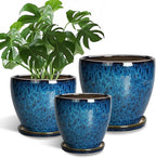 Plant Pots Indoor, Ceramic Planters Pots with Drainage Holes and Saucers, 10+8+6 Inch, Set of 3, Round Large Flower Pots for Indoor Outdoor Plants, Blue