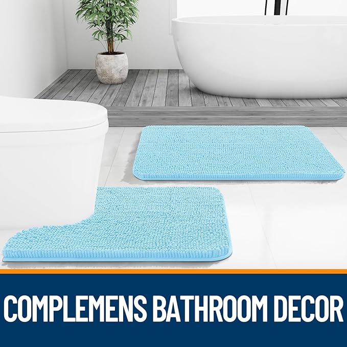 OLANLY Bathroom Rugs 70x24, Extra Soft Absorbent Chenille Bath Rugs, Rubber Backing Quick Dry, Machine Washable Bath Mats for Bathroom Floor, Tub and Shower, Home Decor Accessories, Sky Blue