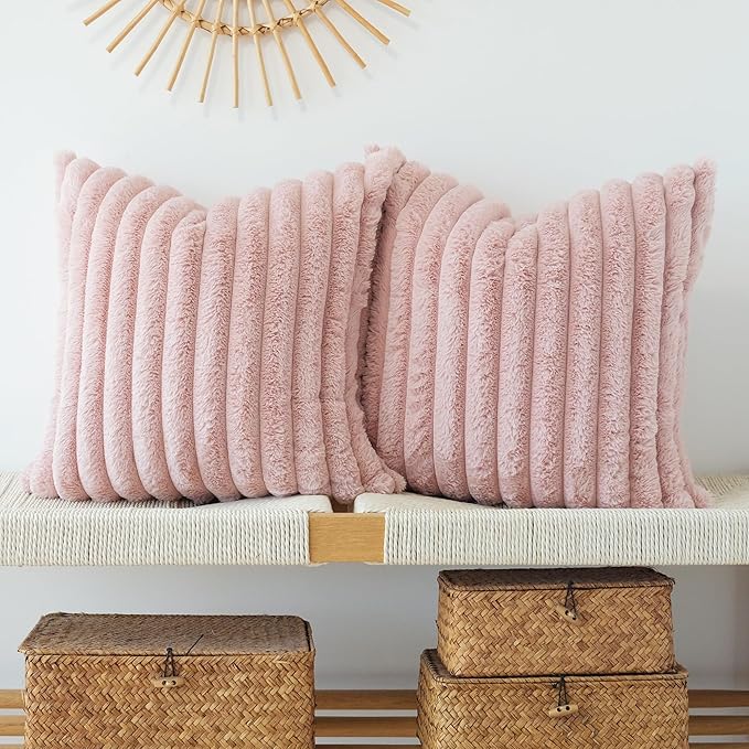 JOJUSIS Pack of 2 Faux Fur Plush Decorative Throw Pillow Covers Couch Cushion Case Soft Pillowcases (Pink, 24 x 24-Inch)