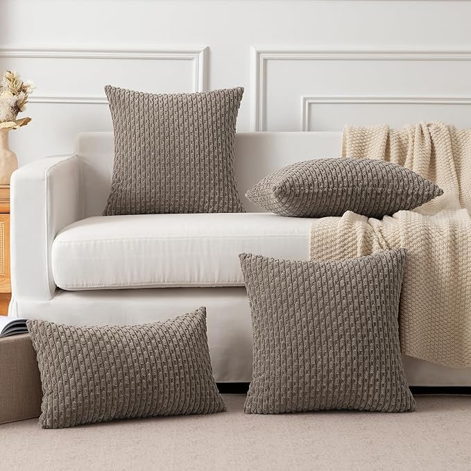 Kevin Textile Throw Pillow Covers Soft Corduroy Decorative Set of 2 Boho Striped Pillow Covers Pillowcases Farmhouse Home Decor for Couch Bed Sofa Living Room 16x16 Inch Light Brown