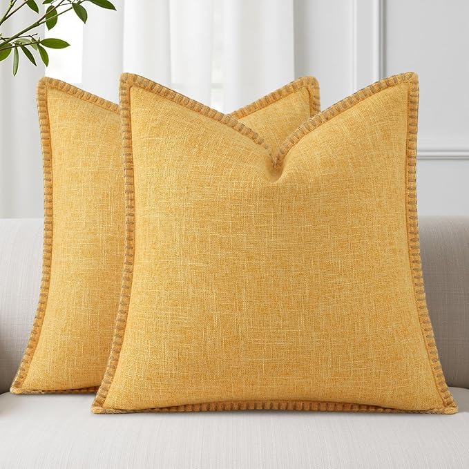 decorUhome Decorative Outdoor Throw Pillow Covers 20x20 Set of 2, Square Linen Rustic Neutral Farmhouse Euro Pillow Covers with Stitched Edge for Couch, Sofa, Living Room, Mustard Yellow