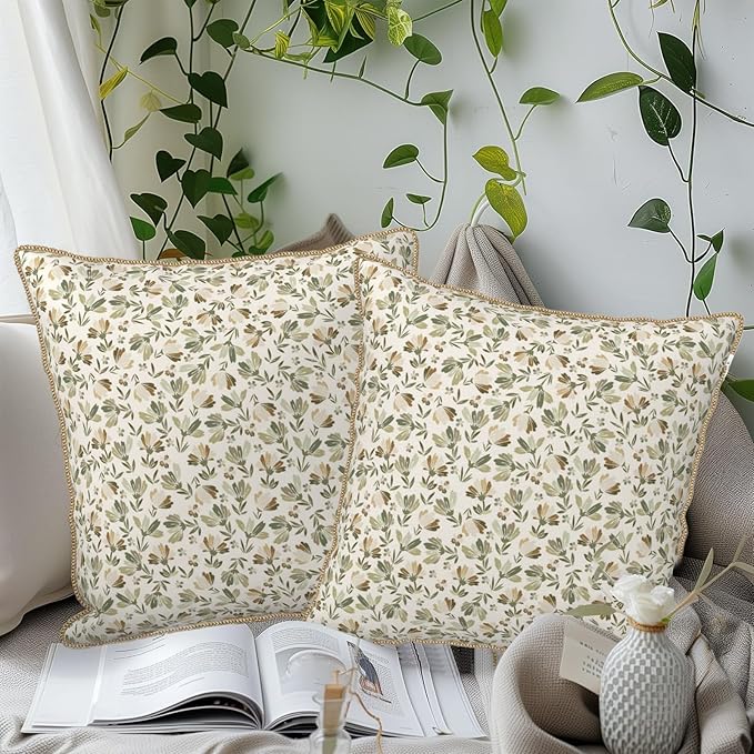 KSLIDS Sage Green Beige Floral Soft polyesterThrow Pillow Covers Set of 2 Vintage Brown Flower Decorative Pillow Covers 18x18 Inch Rustic Pillow Case for Sofa Couch Bedroom Farmhouse Home Decor
