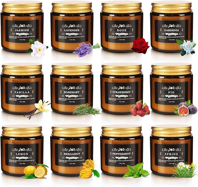 12 Pack Black Apothecary Jar Scented Candles - Natural Soy Wax with Premium Essential Oils, Lavender, Rose, Vanilla & More, 3.5oz/100g Each, Relaxing Aromatherapy Gift Set