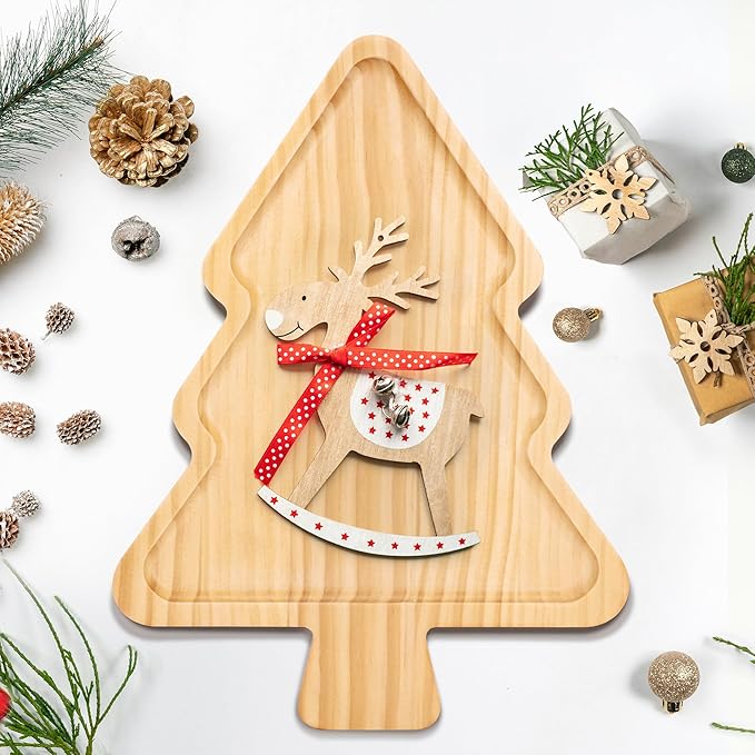Christmas Tree Shaped Wooden Serving Tray - 12" Charcuterie Board for Cheese, Snacks, Appetizers & Desserts - Holiday Platter with Handles, Christmas Decorative Tray (12 x 8.7 x 0.6 Inches)