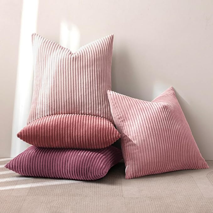 MIULEE Pack of 4 Purple Pink Corduroy Decorative Throw Pillow Covers 20x20 Inch Soft Boho Striped Pillow Covers Modern Farmhouse Home Decor for Winter Sofa Living Room Couch Bed