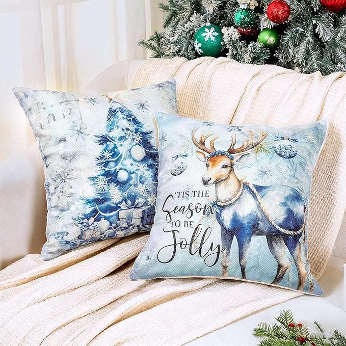 Christmas Throw Pillow Covers 16x16 Set of 4,Merry Christmas Tree Reindeer Sleigh Snowman Blue and White Xmas Winter Holiday Decorative Pillowcase Farmhouse Home Decor for Sofa Couch Cushion
