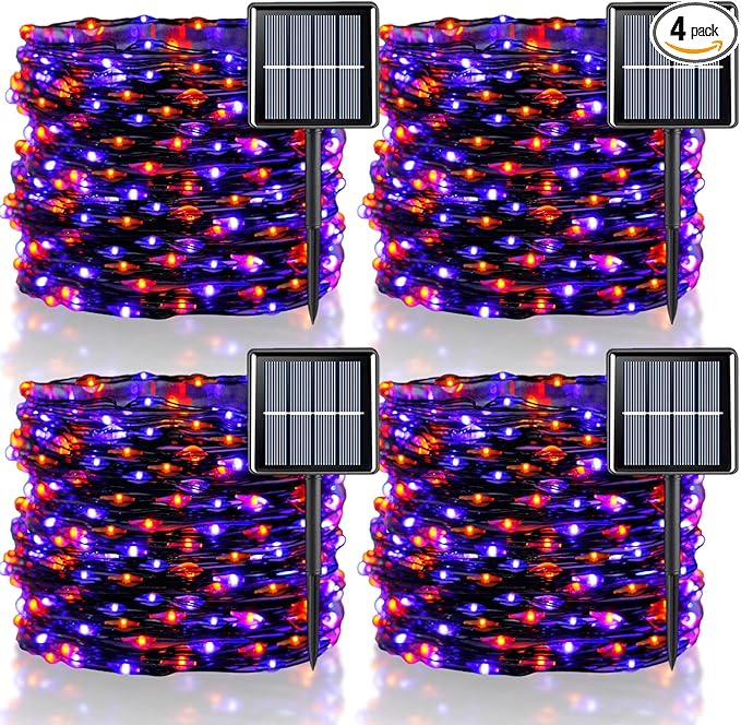 QITONG 4 Pack Orange and Purple Solar Fairy Lights, Each 33ft 100 LED Halloween Lights Outdoor Waterproof, 8 Modes Copper Wire Solar String Lights