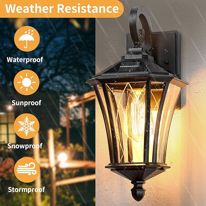 YSN 16" Solar Wall Lights Outdoor, Dusk to Dawn Exterior Lighting Fixtures, Black Solar Porch Lights Outdoor Sconce Lights, Waterproof Outside Light for House Porch Garage Yard, 1 Pack