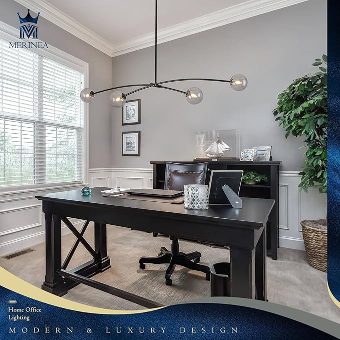 L51” Black Sputnik Chandelier Modern 4 Lights Dining Room Light Fixture Mid Century Smoke Glass Globe Ceiling Pendant Lighting Contemporary for Kitchen Island Bar Bedroom Home Office