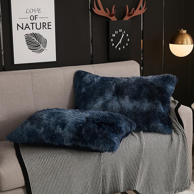 WERDIM Shaggy Faux Fur Pillowcases 2 Pack Button Closure Velvet Pillow Shams King Size (Tie Dye Navy, 20 X 36 Inches)