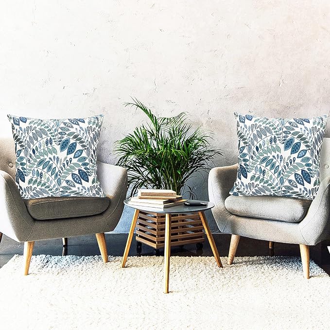 Decorative Throw Pillow Covers Set of 2 Blue Green Small Leaves Pillow Covers 16x16 inch Soft Short Plush Square Floral Throw Pillows,Farmhouse Outdoor Pillow Covers for Couch Living Room