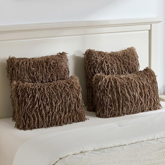 FUTEI Brown Decorative Throw Pillow Covers 16x16 Inch Set of 2,Soft Fluffy Faux Feather Texture Cushion Cases,Modern Home Luxury Decor for Couch Bed Living Room