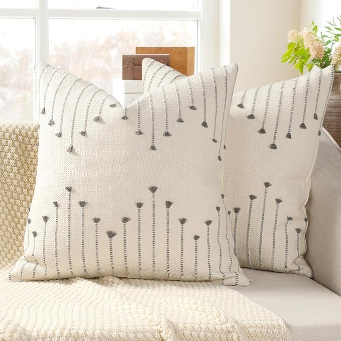 YCOLL Boho Throw Pillow Covers 20x20 Set of 2 Neutral Woven Decorative Pillowcases Cotton Tufted Couch Pillows Modern Farmhouse Accent Cushion Covers for Sofa Couch Bed Living Room Home Decor, Gray
