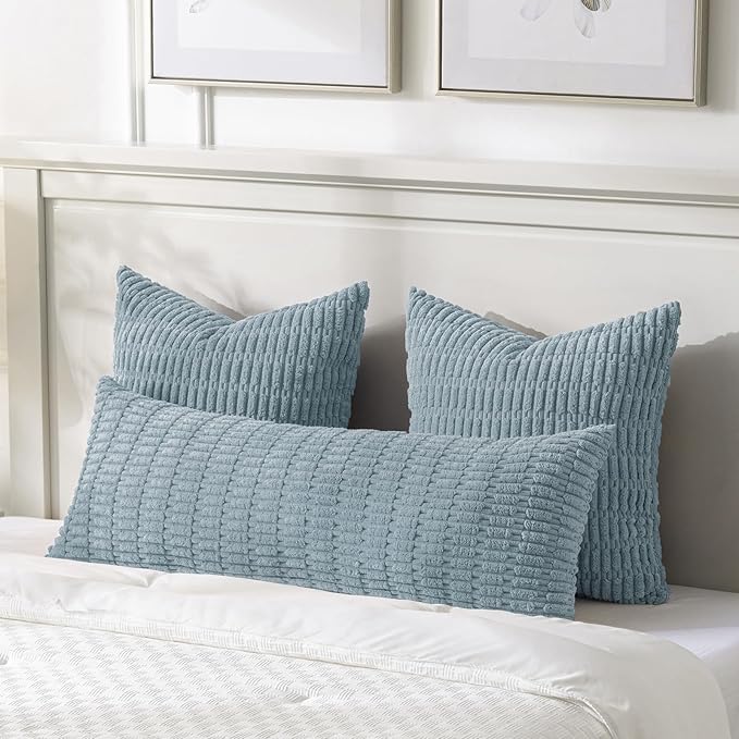 Fancy Homi 1 Pack Light Blue Long Lumbar Body Decorative Throw Pillow Covers 20x54 Inch for Bed Couch Bedroom Bench, Soft Corduroy Rectangle Solid Pillow Case 50x137 cm, Rustic Farmhouse Boho Decor