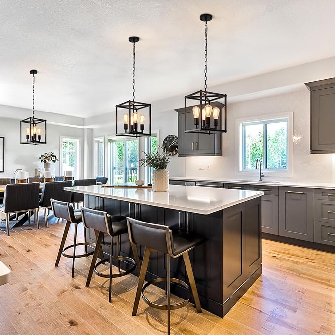 Black Chandelier Dining Room Light Fixtures,4-Light Farmhouse Chandelier Metal Cage Hanging Pendant Lighting Adjustable Height,Industrial Hanging Lights for Kitchen Island Dining Room Hallway Foyer