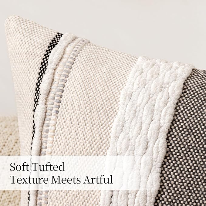 ANRODUO Pack of 2 Boho Decorative Throw Pillow Covers 18x18 Farmhouse Cushion Case Striped Chenille Pillow Cases Square Pillow Covers Accent Neutral Pillowcase for Sofa Couch Bed Fall, White Stripe