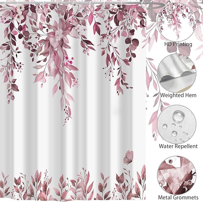 Eucalyptus Shower Curtain, Dark Red Watercolor Leaves with Floral Botanical Bathroom Decor, Waterproof Fabric Bath Curtain Set with Hooks, 72x84 Inches