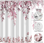 Eucalyptus Shower Curtain, Dark Red Watercolor Leaves with Floral Botanical Bathroom Decor, Waterproof Fabric Bath Curtain Set with Hooks, 72x84 Inches
