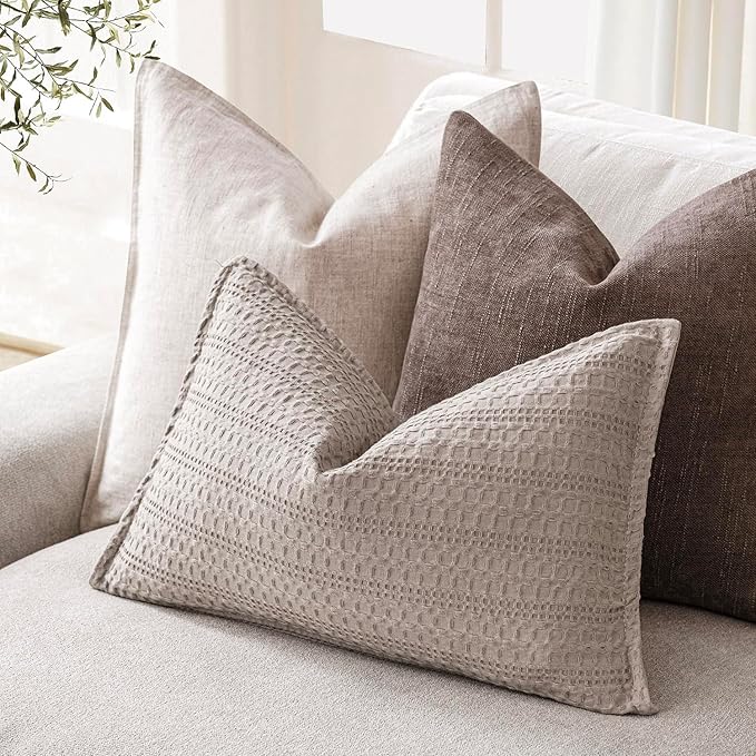 Foindtower Set of 2 Decorative Cotton Waffle Weave Lumbar Throw Pillow Covers Euro Sham Cushion Covers Accent European Pillowcase For Bed Couch Sofa Bedroom Living Room Home Decor 12×20 Inch Tan Beige