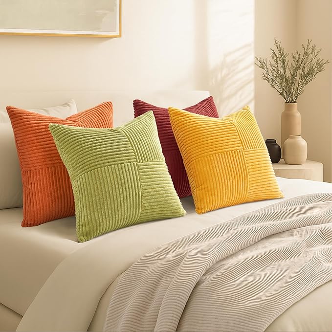 Topfinel Fall Burnt Orange Decorative Throw Pillows Covers 24x24,Soft Corduroy Square Throw Pillow Covers Set of 4,Western Farmhouse Cushion Cover for Couch Sofa Bedroom(Terracotta,Rust,Yellow)