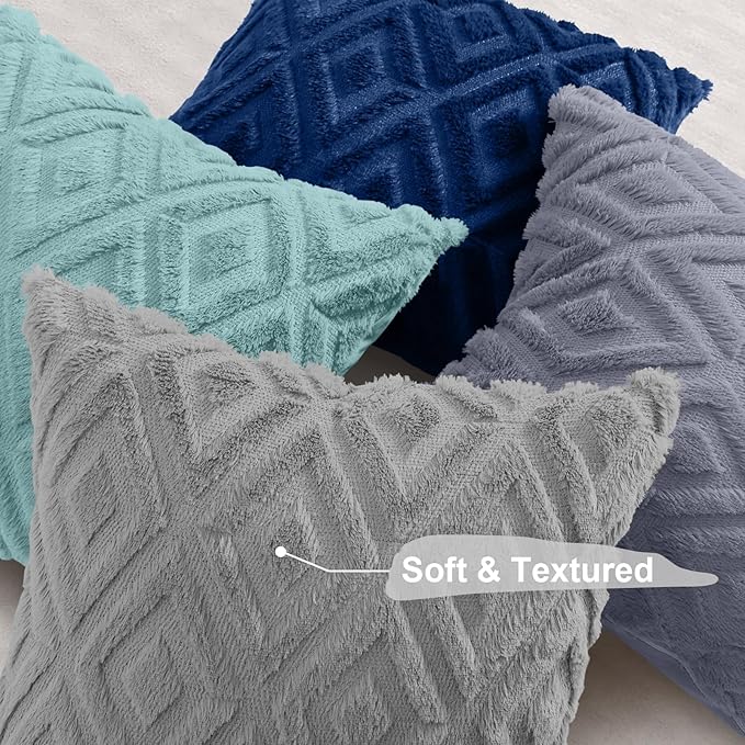 decorUhome Set of 4 Faux Fur Throw Pillow Covers 18x18, Soft Decorative Couch Pillow Covers with Velvet Back for Modern Sofa Living Room, Grey/Blue