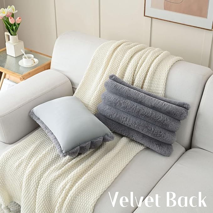 FUTEI Grey Decorative Throw Pillow Covers 12x20 Inch Set of 2, Square Soft Faux Rabbit Fur Big Striped Cushion Cover,Home Decor for Couch Sofa Bed Living Room