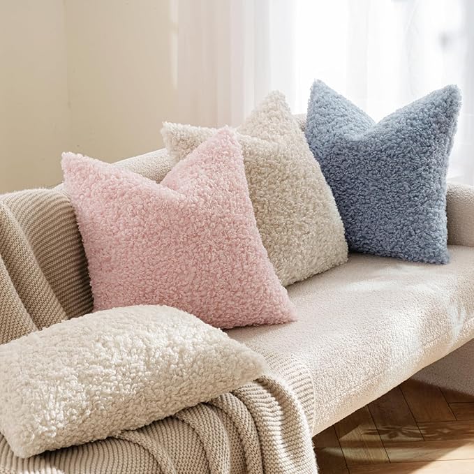 MIULEE Pack of 2 Pink Throw Pillow Covers 18x18 Inch Faux Fur Decorative Sherpa Boucle Pillow Covers Fuzzy Accent Soft Sheepskin Fleece for Boho Home Decor Couch Living Room Bed Valentines Day