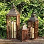 DECORKEY Large Farmhouse Wooden Metal Lantern Set of 3, 27''/22''/15'' H Rustic Decorative Indoor & Outdoor Hanging Candle Lanterns, Wooden Outdoor Lanterns for Patio Front Porch Table, Brown