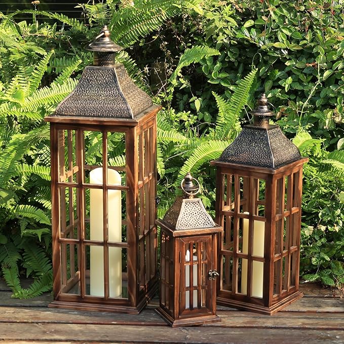 DECORKEY Large Farmhouse Wooden Metal Lantern Set of 3, 27''/22''/15'' H Rustic Decorative Indoor & Outdoor Hanging Candle Lanterns, Wooden Outdoor Lanterns for Patio Front Porch Table, Brown