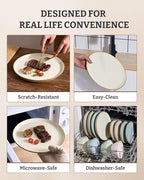 Famiware Saturn Dinnerware Sets, Plates and Bowls Sets for 4, 12 Pieces Stoneware Dish Set - Chip and Scratch Resistant, Microwave and Dishwasher Safe Tableware Set, Vanilla White with Rim