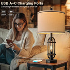 24'' Table Lamps for Living Room Bedroom Set of 2 Industrial Touch Lamp with USB A+C Ports, Night Light Farmhouse Vintage Nightstand Bedside Lamps for Night Stands Metal Black, Bulbs Included