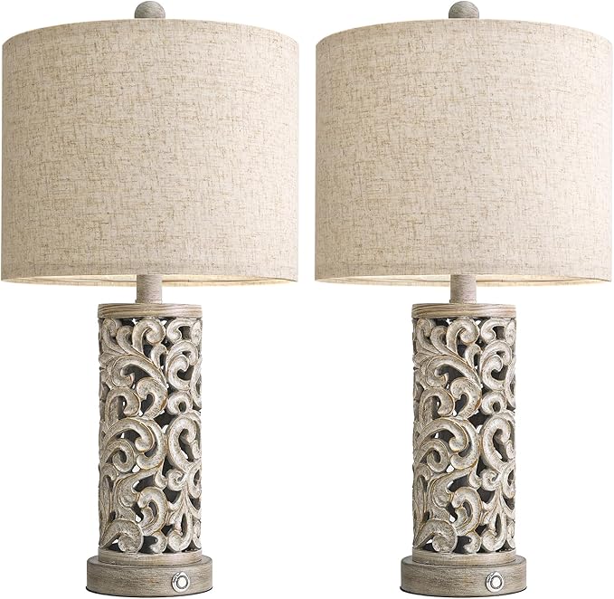 22" Dual Light Table Lamps Set of 2, Touch Lamp with 3-Level Dimming, Lamps for Bedroom with USB A+C Charging Ports, Farmhouse Lamps for Living Room and Night Stands